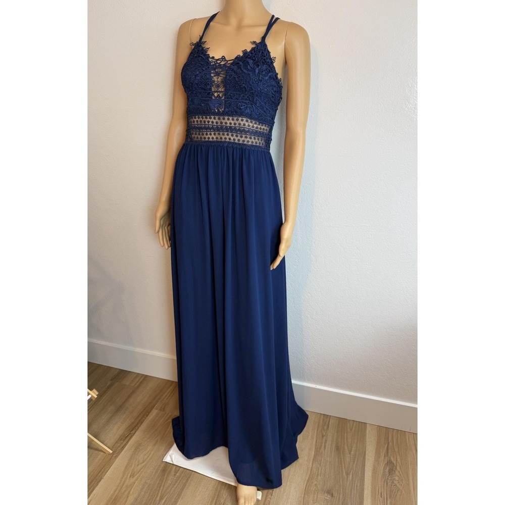 Soieblu Navy Blue Crochet Lace Maxi Dress Womens S Boho Formal Spaghetti Strap - Picture 4 of 9